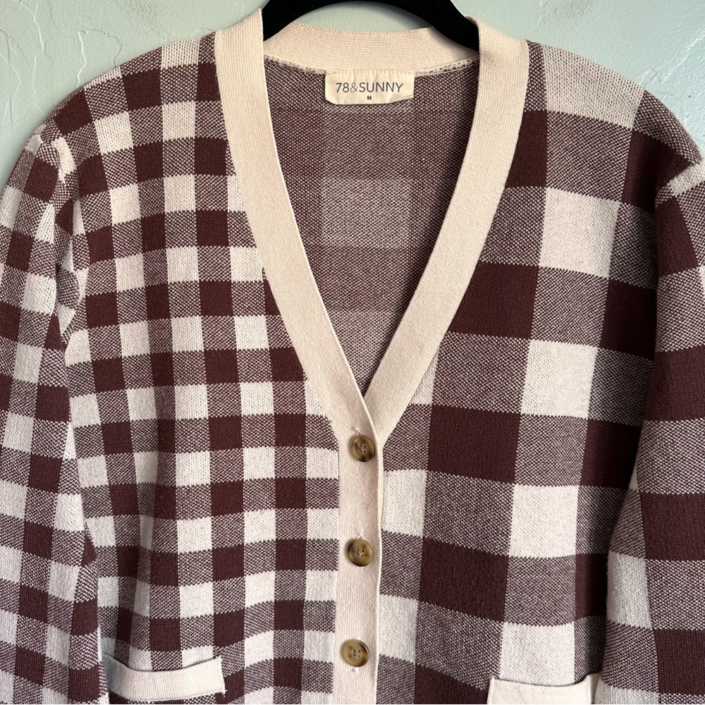 78 & Sunny Alumni Double‎ Plaid Cardigan Medium Cream Cocoa EUC Cottage Preppy - Picture 3 of 8